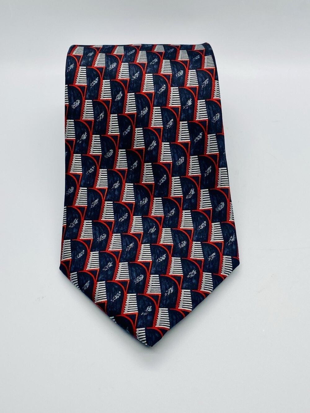 LANVIN PARIS Silk Necktie Geometric Pattern Black Silver Red Cream Mens